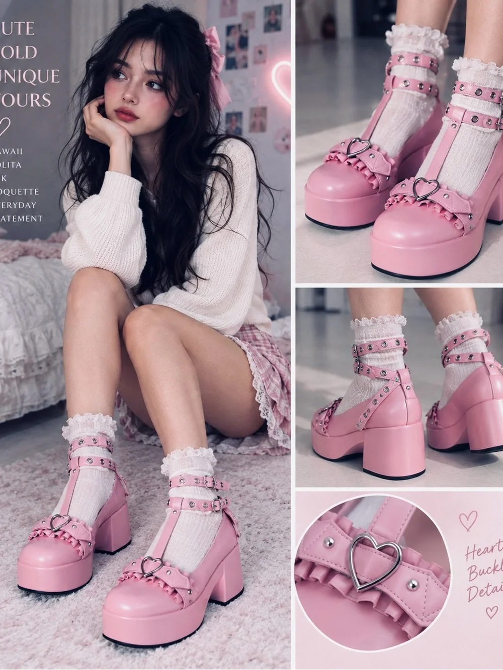 Pink Platform Mary Jane Heart Buckle Kawaii Shoes EU 40